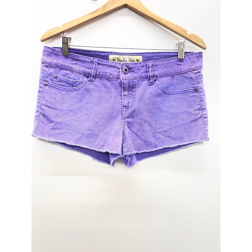 Vanilla Star Purple Linen Blend Raw Hem Denim Shorts Sz 13 Low Rise Shortie Y2K